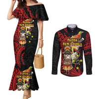 Papua New Guinea Christmas Couples Matching Mermaid Dress and Long Sleeve Button Shirt Funny Melanesian Santa with Bird-of-paradise Tribal Style LT03 Black - Polynesian Pride