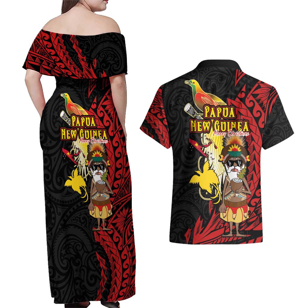 Papua New Guinea Christmas Couples Matching Off Shoulder Maxi Dress and Hawaiian Shirt Funny Melanesian Santa with Bird-of-paradise Tribal Style LT03 - Polynesian Pride