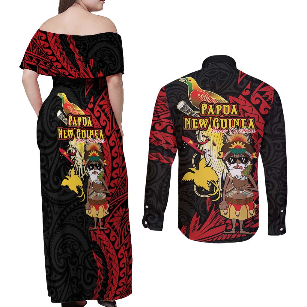 Papua New Guinea Christmas Couples Matching Off Shoulder Maxi Dress and Long Sleeve Button Shirt Funny Melanesian Santa with Bird-of-paradise Tribal Style LT03 - Polynesian Pride