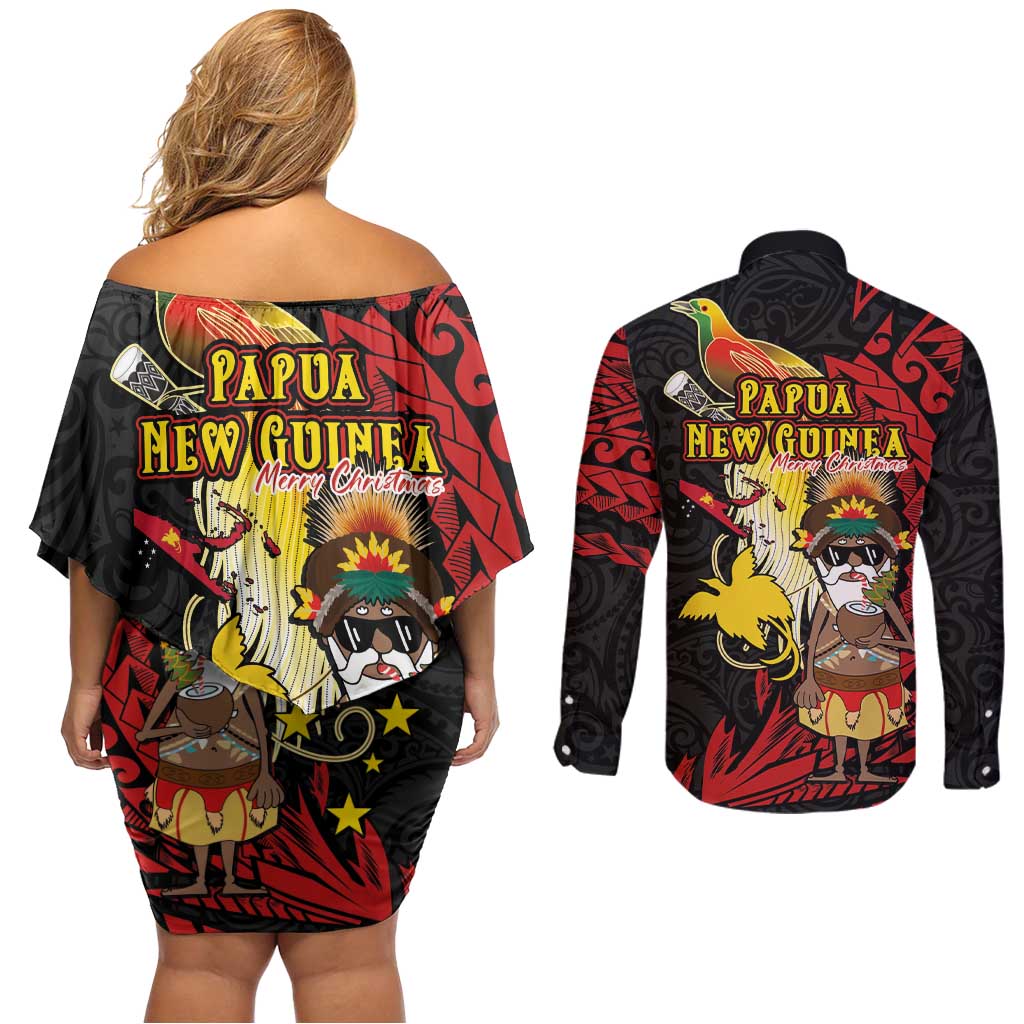 Papua New Guinea Christmas Couples Matching Off Shoulder Short Dress and Long Sleeve Button Shirt Funny Melanesian Santa with Bird-of-paradise Tribal Style LT03 - Polynesian Pride