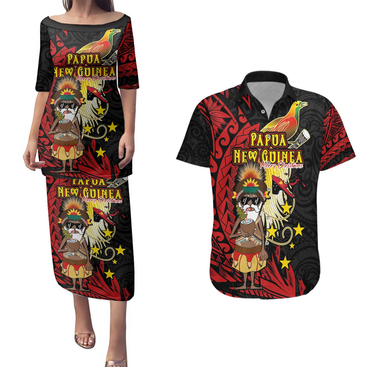 Papua New Guinea Christmas Couples Matching Puletasi and Hawaiian Shirt Funny Melanesian Santa with Bird-of-paradise Tribal Style LT03 Black - Polynesian Pride