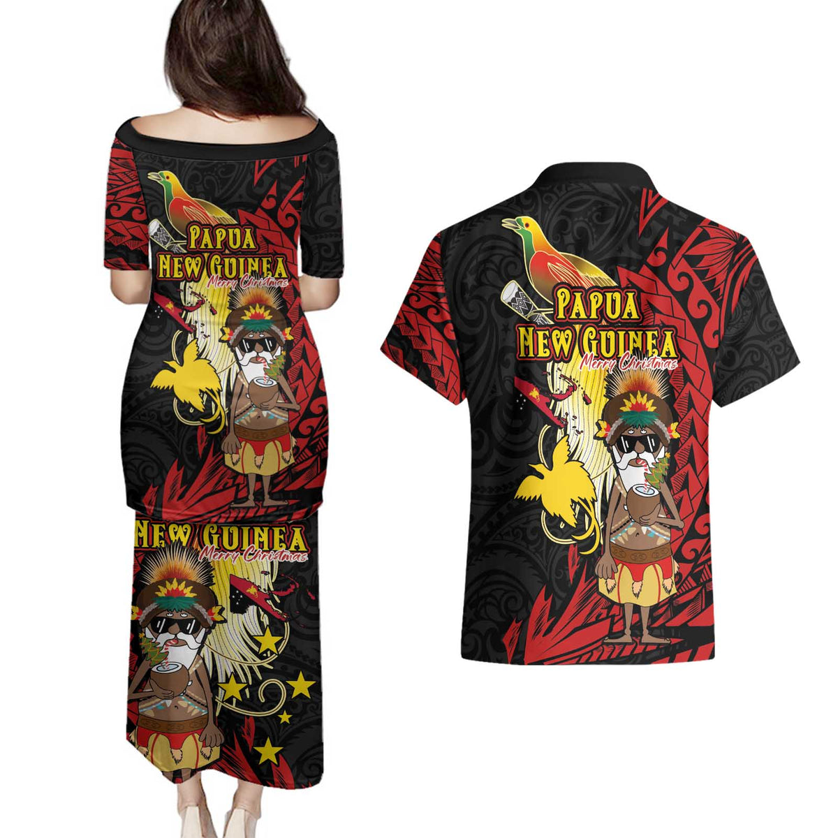 Papua New Guinea Christmas Couples Matching Puletasi and Hawaiian Shirt Funny Melanesian Santa with Bird-of-paradise Tribal Style LT03 - Polynesian Pride