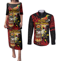 Papua New Guinea Christmas Couples Matching Puletasi and Long Sleeve Button Shirt Funny Melanesian Santa with Bird-of-paradise Tribal Style LT03 Black - Polynesian Pride