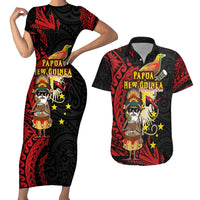 Papua New Guinea Christmas Couples Matching Short Sleeve Bodycon Dress and Hawaiian Shirt Funny Melanesian Santa with Bird-of-paradise Tribal Style LT03 Black - Polynesian Pride