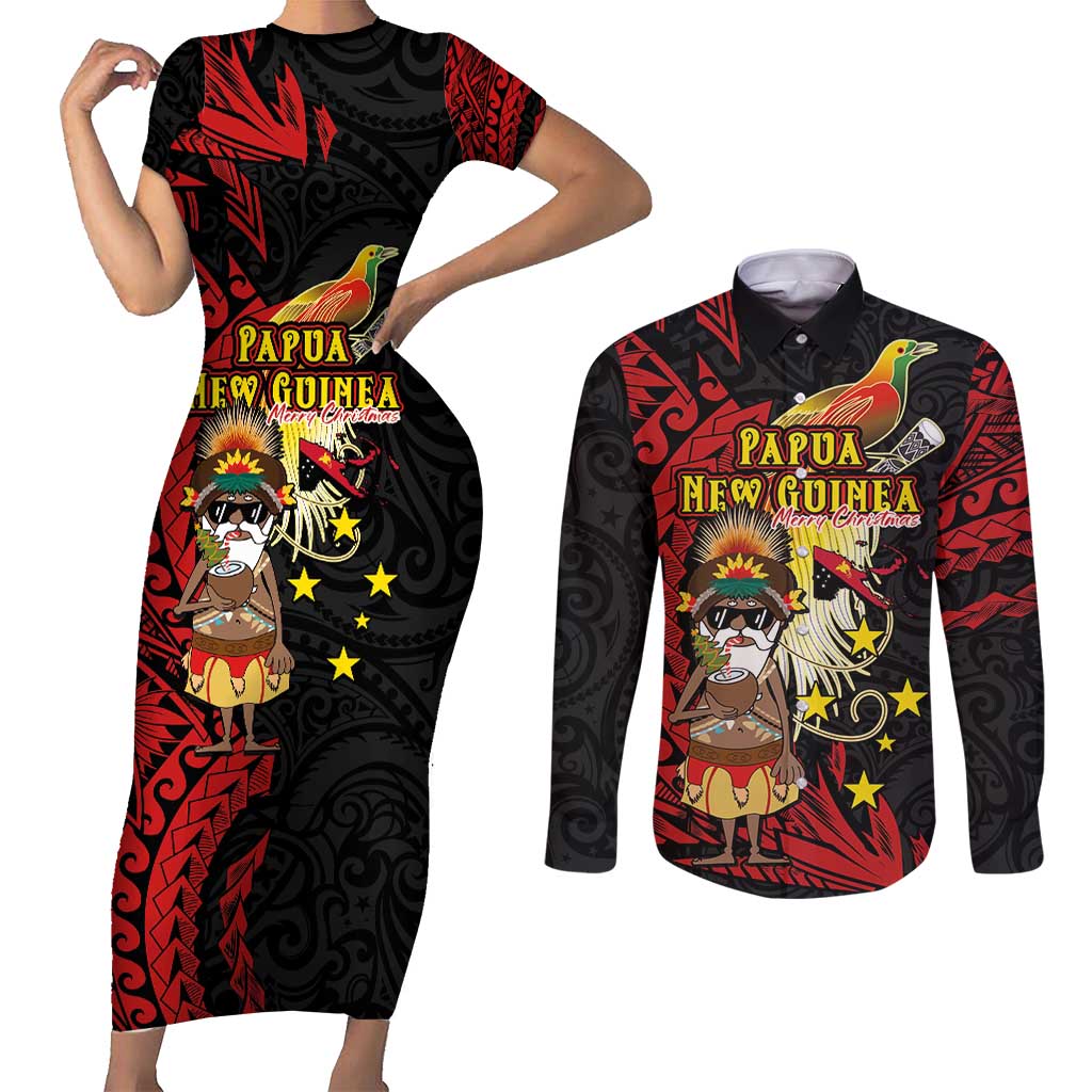 Papua New Guinea Christmas Couples Matching Short Sleeve Bodycon Dress and Long Sleeve Button Shirt Funny Melanesian Santa with Bird-of-paradise Tribal Style LT03 Black - Polynesian Pride