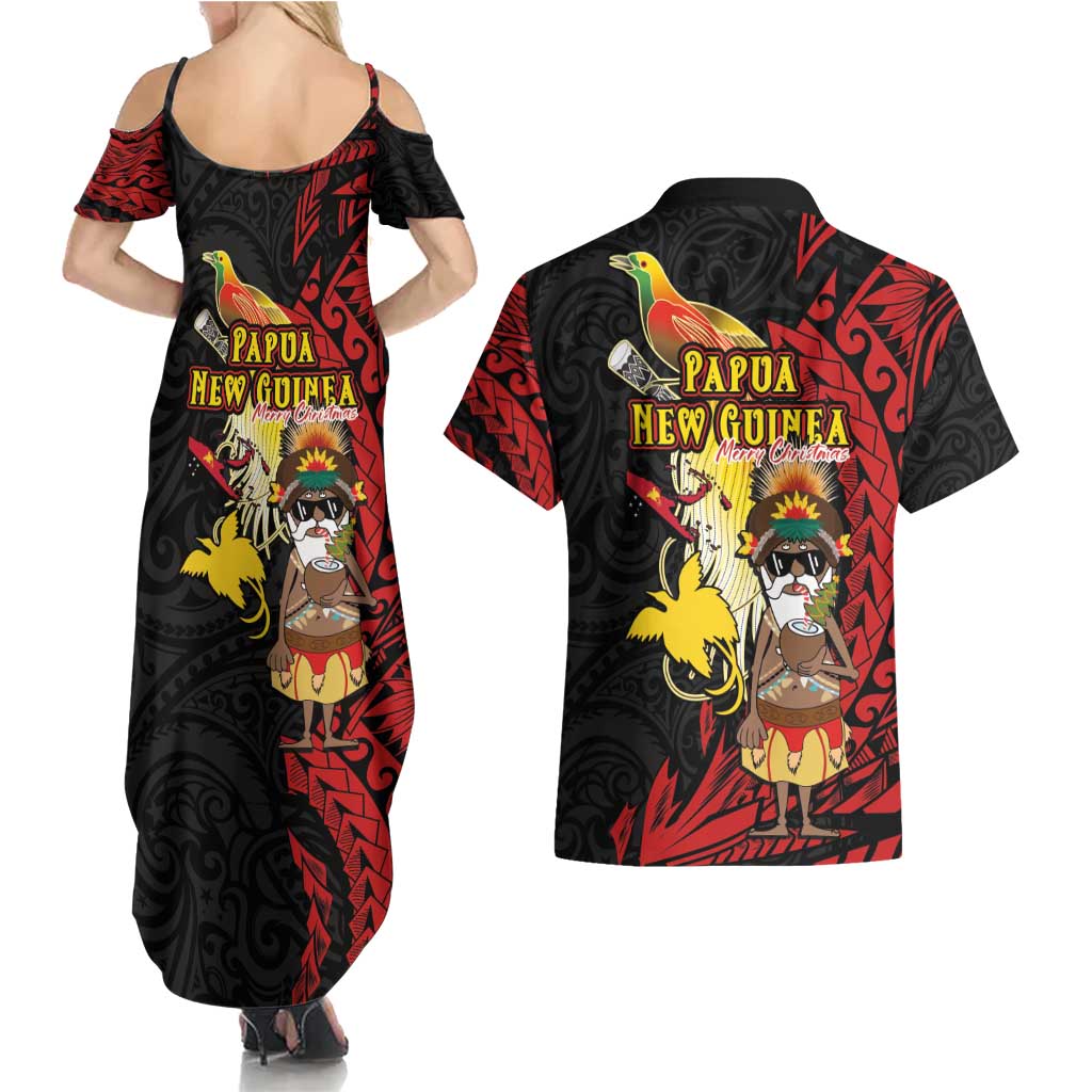 Papua New Guinea Christmas Couples Matching Summer Maxi Dress and Hawaiian Shirt Funny Melanesian Santa with Bird-of-paradise Tribal Style LT03 - Polynesian Pride