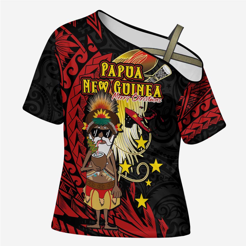 Papua New Guinea Christmas Cross Shoulder Shirt Funny Melanesian Santa with Bird-of-paradise Tribal Style LT03 Female Black - Polynesian Pride