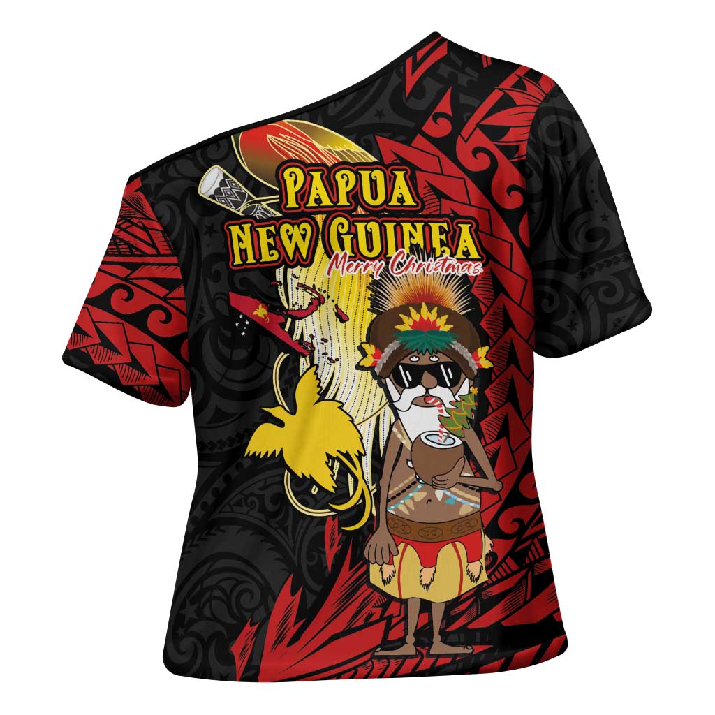 Papua New Guinea Christmas Cross Shoulder Shirt Funny Melanesian Santa with Bird-of-paradise Tribal Style LT03 - Polynesian Pride