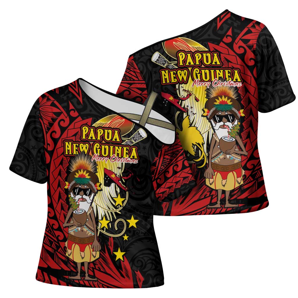 Papua New Guinea Christmas Cross Shoulder Shirt Funny Melanesian Santa with Bird-of-paradise Tribal Style LT03 - Polynesian Pride