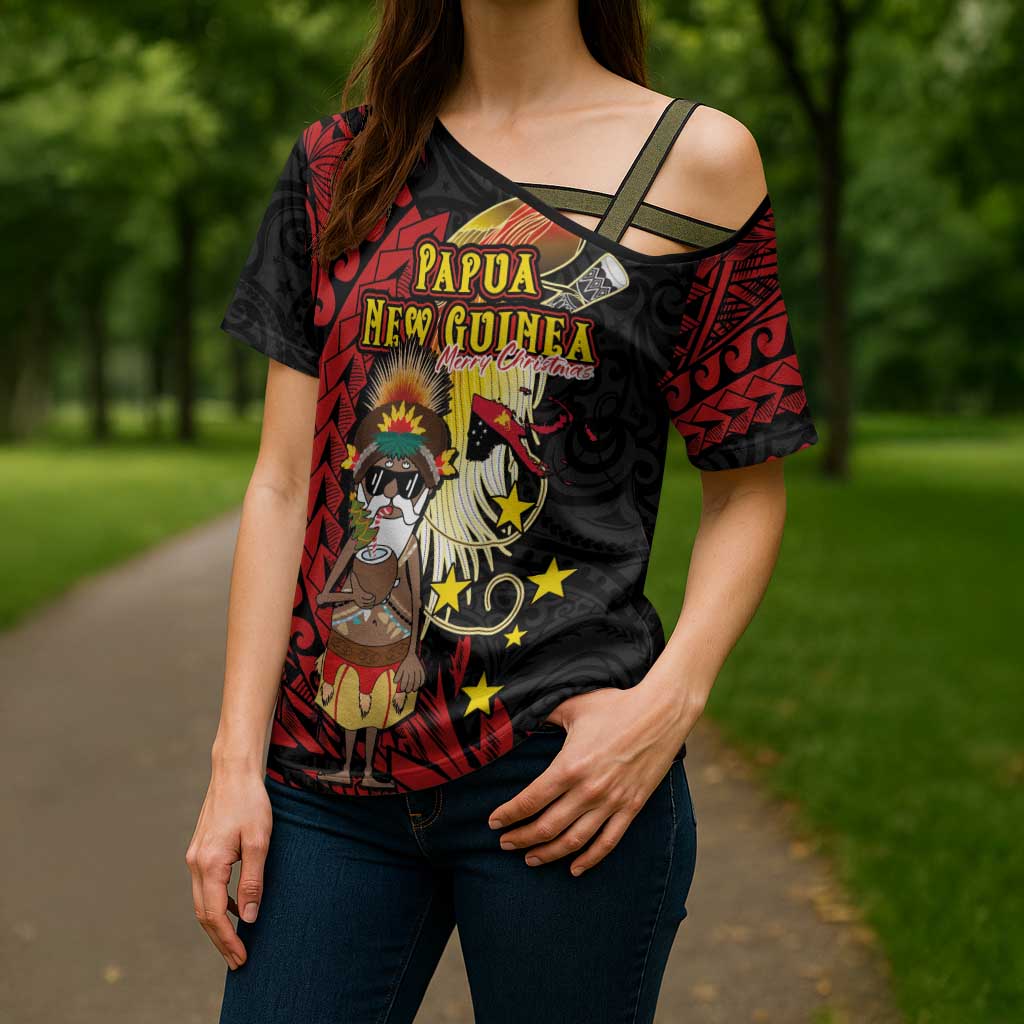 Papua New Guinea Christmas Cross Shoulder Shirt Funny Melanesian Santa with Bird-of-paradise Tribal Style LT03 - Polynesian Pride