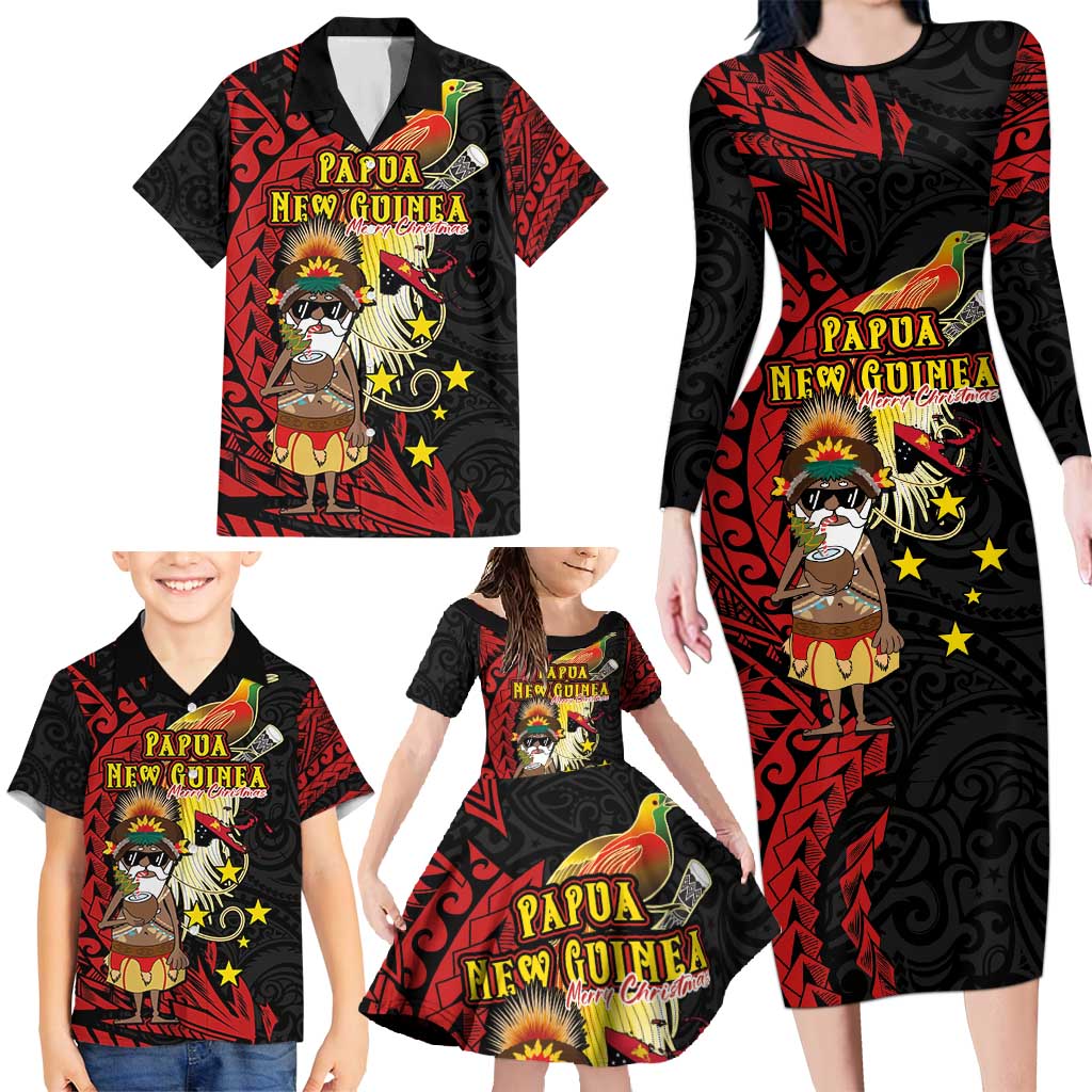 Papua New Guinea Christmas Family Matching Long Sleeve Bodycon Dress and Hawaiian Shirt Funny Melanesian Santa with Bird-of-paradise Tribal Style LT03 - Polynesian Pride