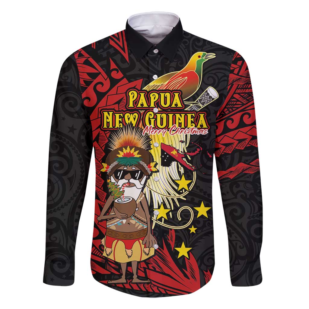 Papua New Guinea Christmas Family Matching Long Sleeve Bodycon Dress and Hawaiian Shirt Funny Melanesian Santa with Bird-of-paradise Tribal Style LT03 Dad's Shirt - Long Sleeve Black - Polynesian Pride