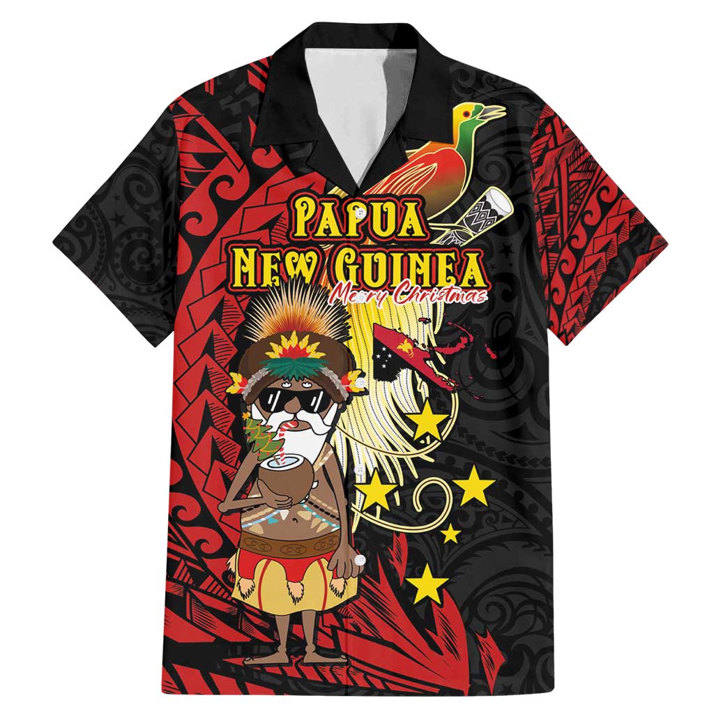 Papua New Guinea Christmas Family Matching Mermaid Dress and Hawaiian Shirt Funny Melanesian Santa with Bird-of-paradise Tribal Style LT03 Dad's Shirt - Short Sleeve Black - Polynesian Pride