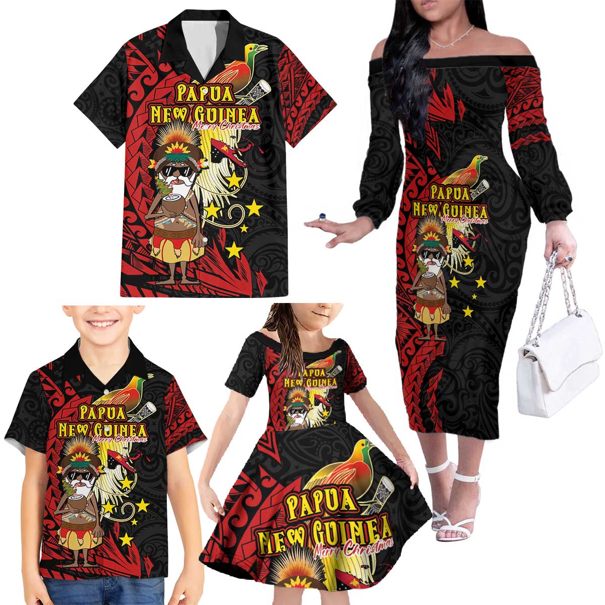 Papua New Guinea Christmas Family Matching Off The Shoulder Long Sleeve Dress and Hawaiian Shirt Funny Melanesian Santa with Bird-of-paradise Tribal Style LT03 - Polynesian Pride