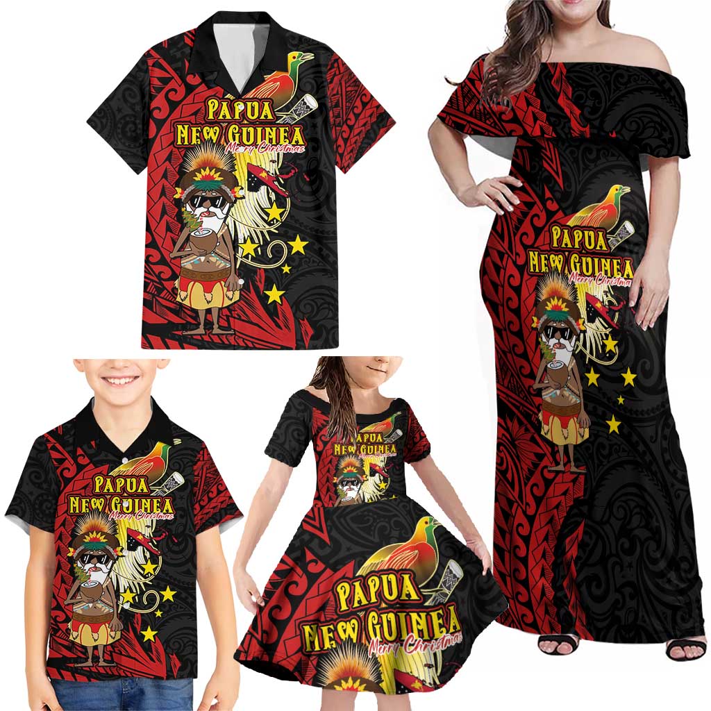 Papua New Guinea Christmas Family Matching Off Shoulder Maxi Dress and Hawaiian Shirt Funny Melanesian Santa with Bird-of-paradise Tribal Style LT03 - Polynesian Pride
