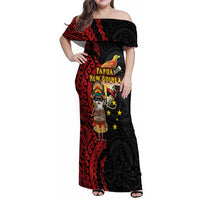 Papua New Guinea Christmas Family Matching Off Shoulder Maxi Dress and Hawaiian Shirt Funny Melanesian Santa with Bird-of-paradise Tribal Style LT03 Mom's Dress Black - Polynesian Pride
