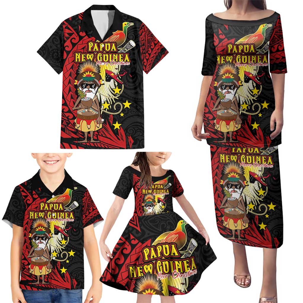 Papua New Guinea Christmas Family Matching Puletasi and Hawaiian Shirt Funny Melanesian Santa with Bird-of-paradise Tribal Style LT03 - Polynesian Pride