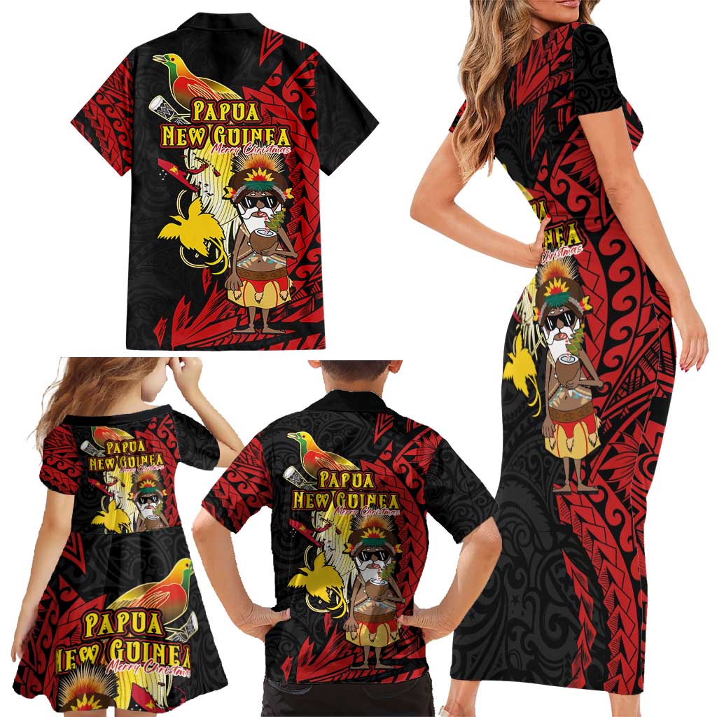 Papua New Guinea Christmas Family Matching Short Sleeve Bodycon Dress and Hawaiian Shirt Funny Melanesian Santa with Bird-of-paradise Tribal Style LT03 - Polynesian Pride
