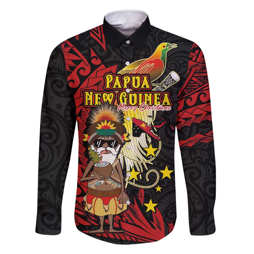 Papua New Guinea Christmas Family Matching Short Sleeve Bodycon Dress and Hawaiian Shirt Funny Melanesian Santa with Bird-of-paradise Tribal Style LT03 Dad's Shirt - Long Sleeve Black - Polynesian Pride