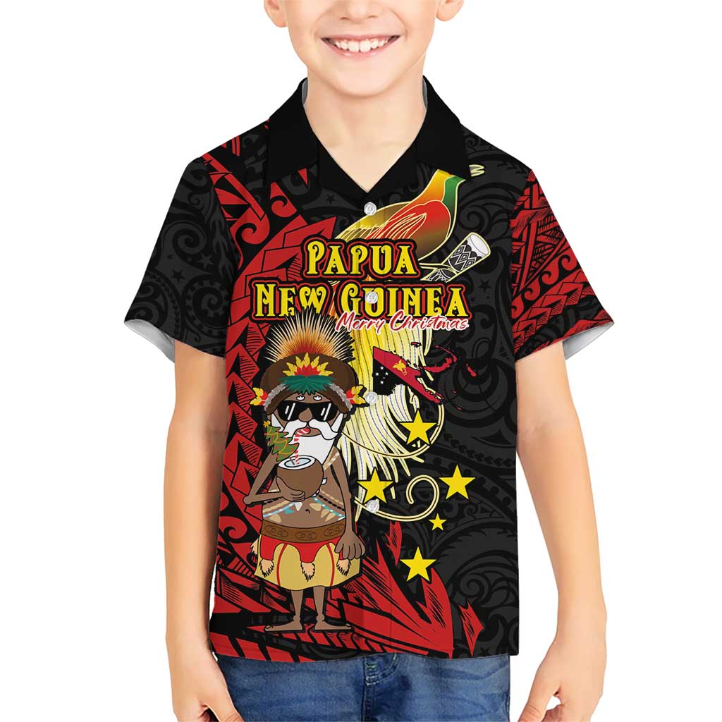 Papua New Guinea Christmas Family Matching Short Sleeve Bodycon Dress and Hawaiian Shirt Funny Melanesian Santa with Bird-of-paradise Tribal Style LT03 Son's Shirt Black - Polynesian Pride