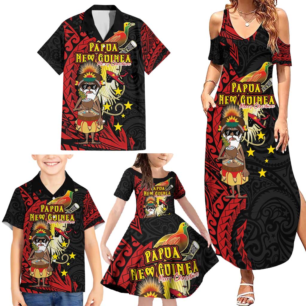 Papua New Guinea Christmas Family Matching Summer Maxi Dress and Hawaiian Shirt Funny Melanesian Santa with Bird-of-paradise Tribal Style LT03 - Polynesian Pride