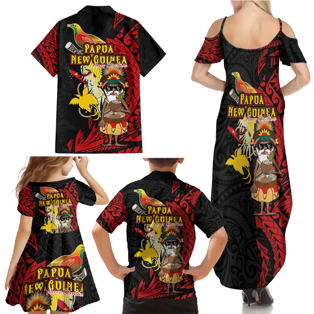 Papua New Guinea Christmas Family Matching Summer Maxi Dress and Hawaiian Shirt Funny Melanesian Santa with Bird-of-paradise Tribal Style LT03 - Polynesian Pride