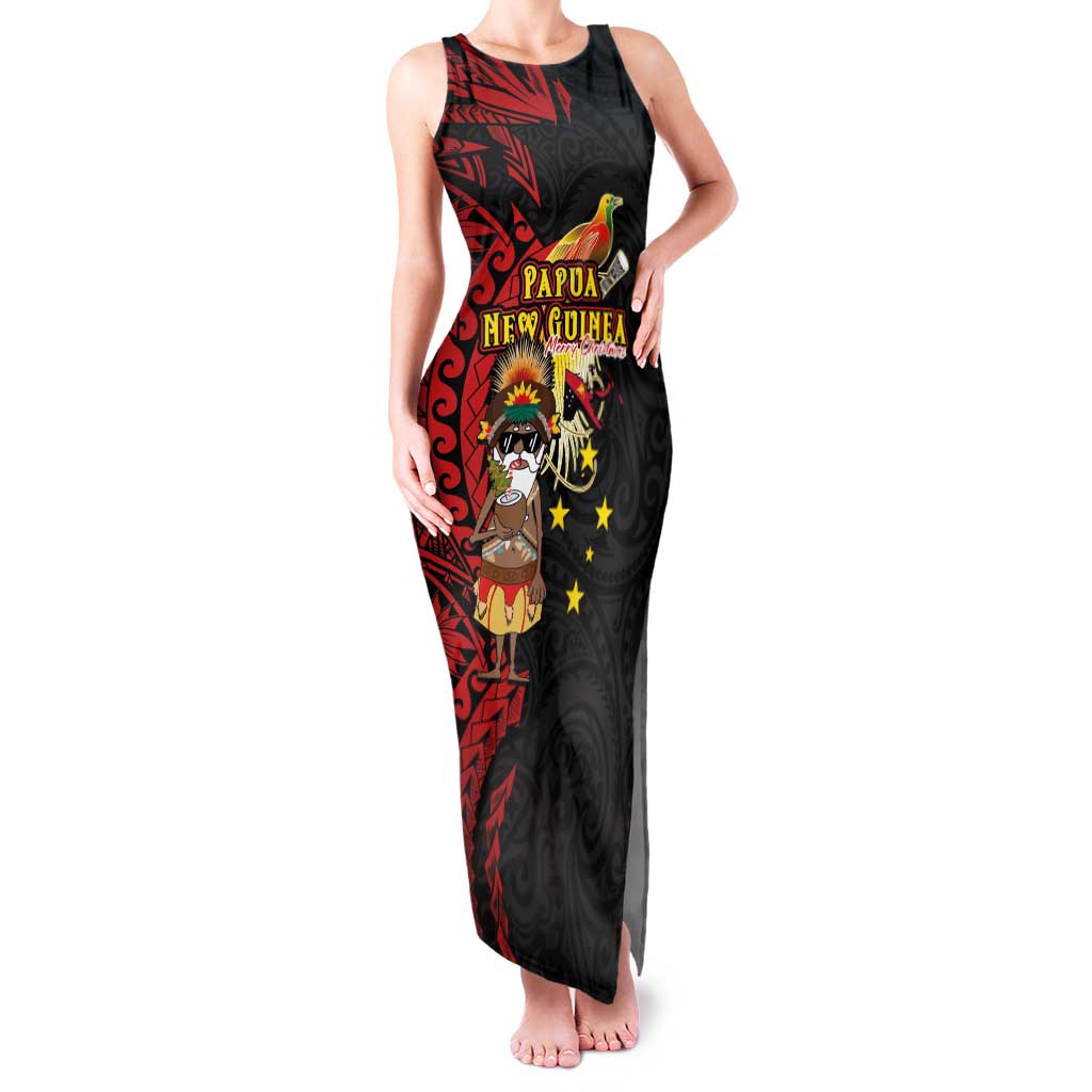 Papua New Guinea Christmas Family Matching Tank Maxi Dress and Hawaiian Shirt Funny Melanesian Santa with Bird-of-paradise Tribal Style LT03 Mom's Dress Black - Polynesian Pride