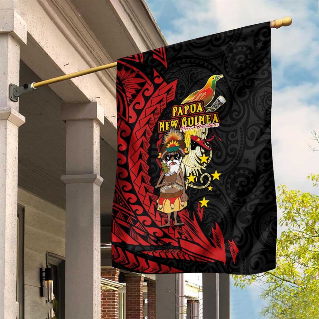 Papua New Guinea Christmas Garden Flag Funny Melanesian Santa with Bird-of-paradise Tribal Style LT03 House Flag Black - Polynesian Pride