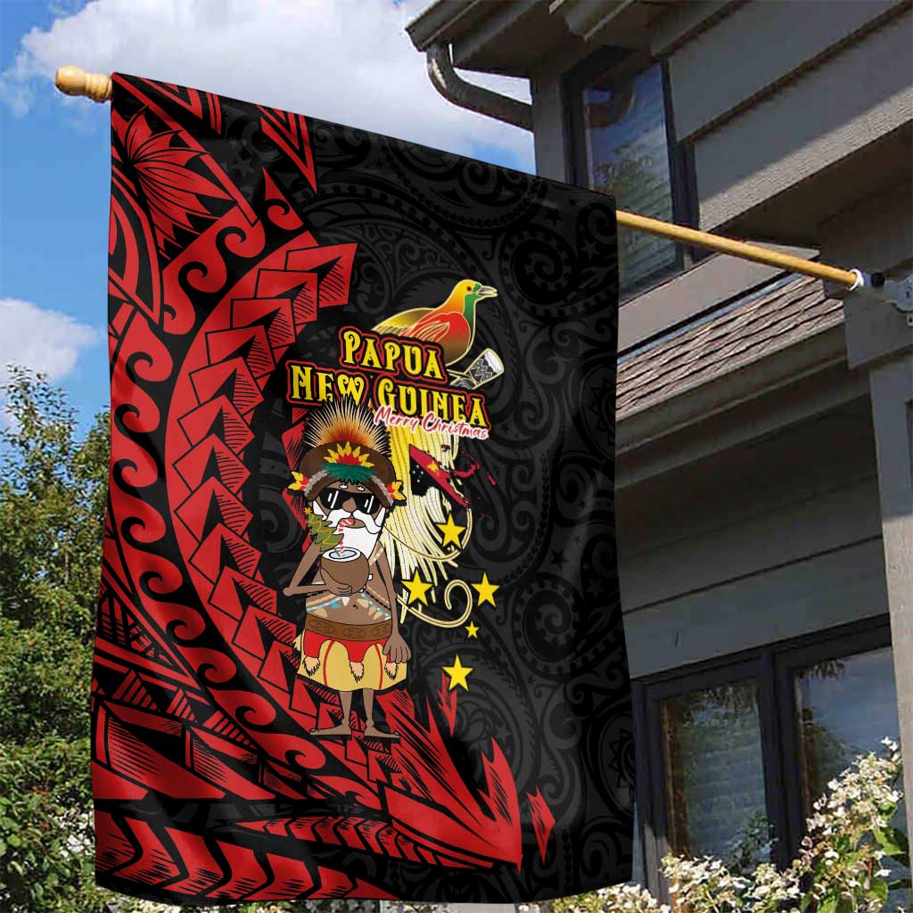 Papua New Guinea Christmas Garden Flag Funny Melanesian Santa with Bird-of-paradise Tribal Style LT03 - Polynesian Pride