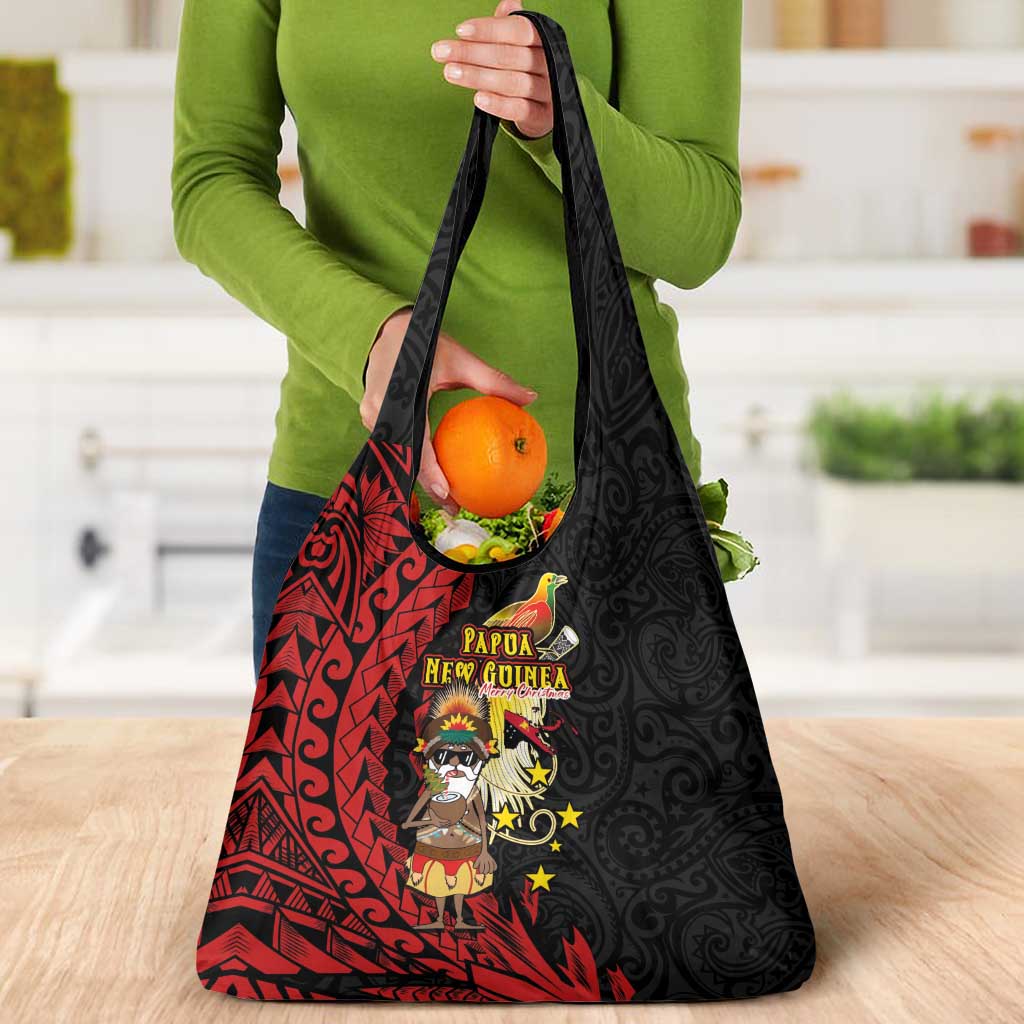 Papua New Guinea Christmas Grocery Bag Funny Melanesian Santa with Bird-of-paradise Tribal Style LT03 - Polynesian Pride