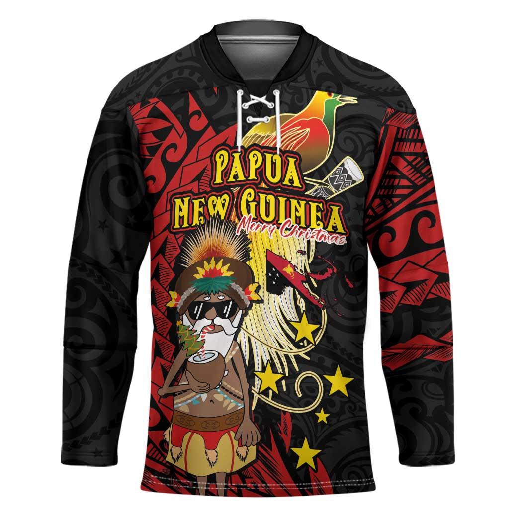 Papua New Guinea Christmas Hockey Jersey Funny Melanesian Santa with Bird-of-paradise Tribal Style - Polynesian Pride