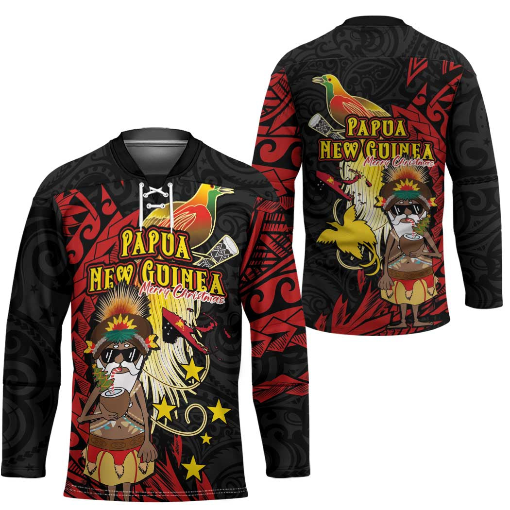 Papua New Guinea Christmas Hockey Jersey Funny Melanesian Santa with Bird-of-paradise Tribal Style LT03 - Polynesian Pride