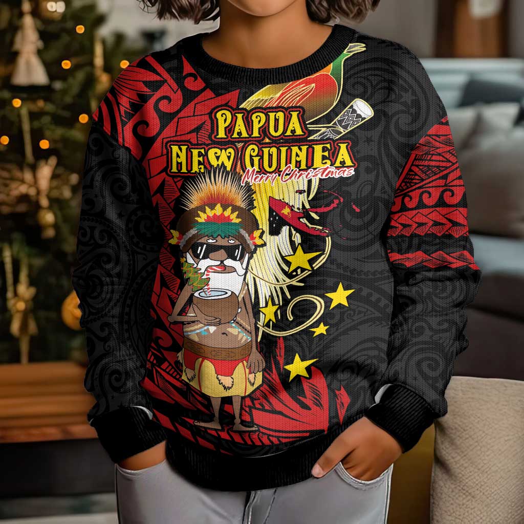 Papua New Guinea Christmas Kid Ugly Christmas Sweater Funny Melanesian Santa with Bird-of-paradise Tribal Style LT03 - Polynesian Pride