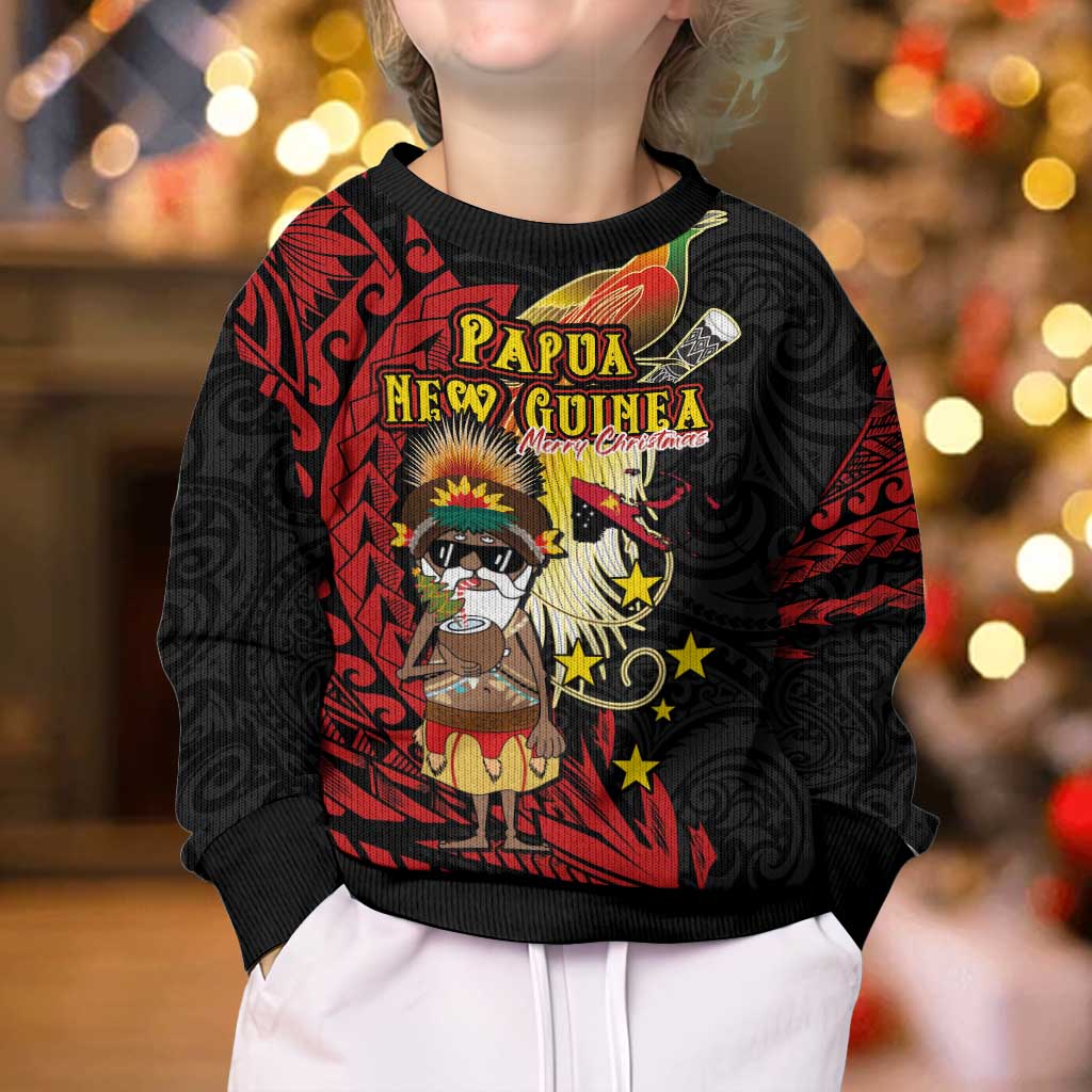 Papua New Guinea Christmas Kid Ugly Christmas Sweater Funny Melanesian Santa with Bird-of-paradise Tribal Style LT03 - Polynesian Pride