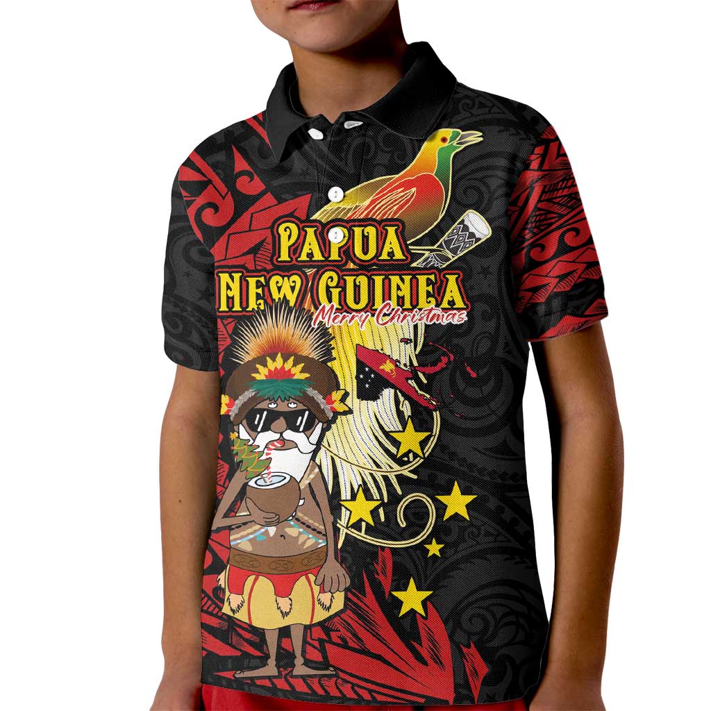 Papua New Guinea Christmas Kid Polo Shirt Funny Melanesian Santa with Bird-of-paradise Tribal Style LT03 Kid Black - Polynesian Pride