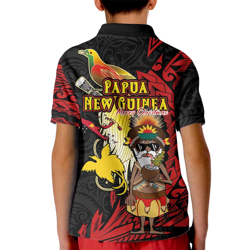 Papua New Guinea Christmas Kid Polo Shirt Funny Melanesian Santa with Bird-of-paradise Tribal Style LT03 - Polynesian Pride