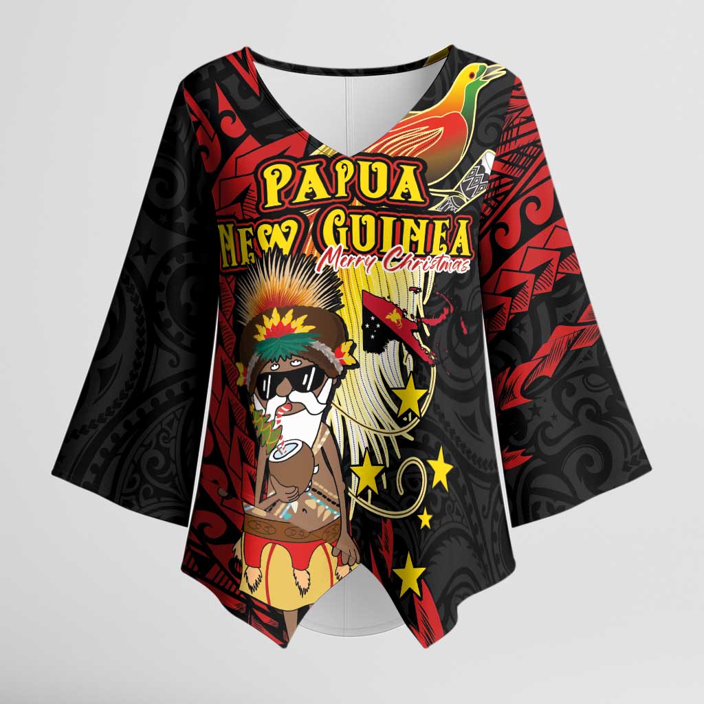 Papua New Guinea Christmas Kimono Sleeve Blouse Funny Melanesian Santa with Bird-of-paradise Tribal Style LT03 Female Black - Polynesian Pride