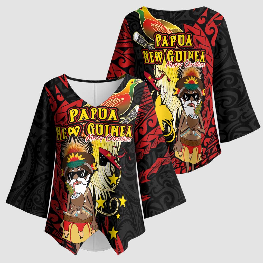 Papua New Guinea Christmas Kimono Sleeve Blouse Funny Melanesian Santa with Bird-of-paradise Tribal Style LT03 - Polynesian Pride