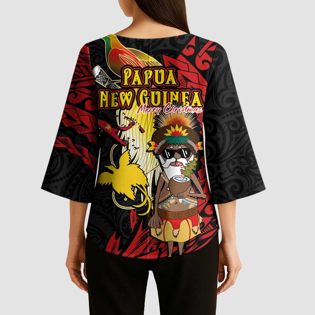 Papua New Guinea Christmas Kimono Sleeve Blouse Funny Melanesian Santa with Bird-of-paradise Tribal Style LT03 - Polynesian Pride