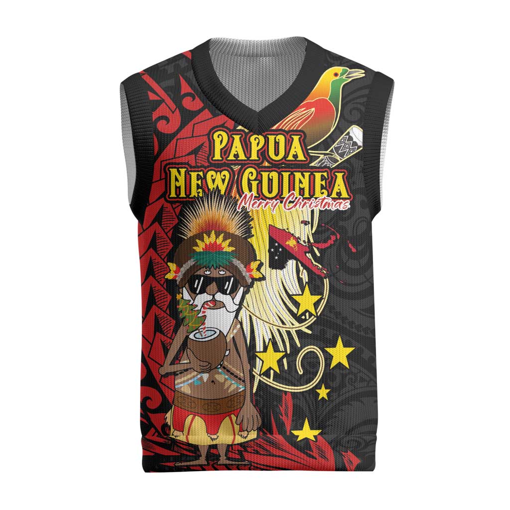 Papua New Guinea Christmas Knitted V-Neck Vest Funny Melanesian Santa with Bird-of-paradise Tribal Style LT03 Black - Polynesian Pride