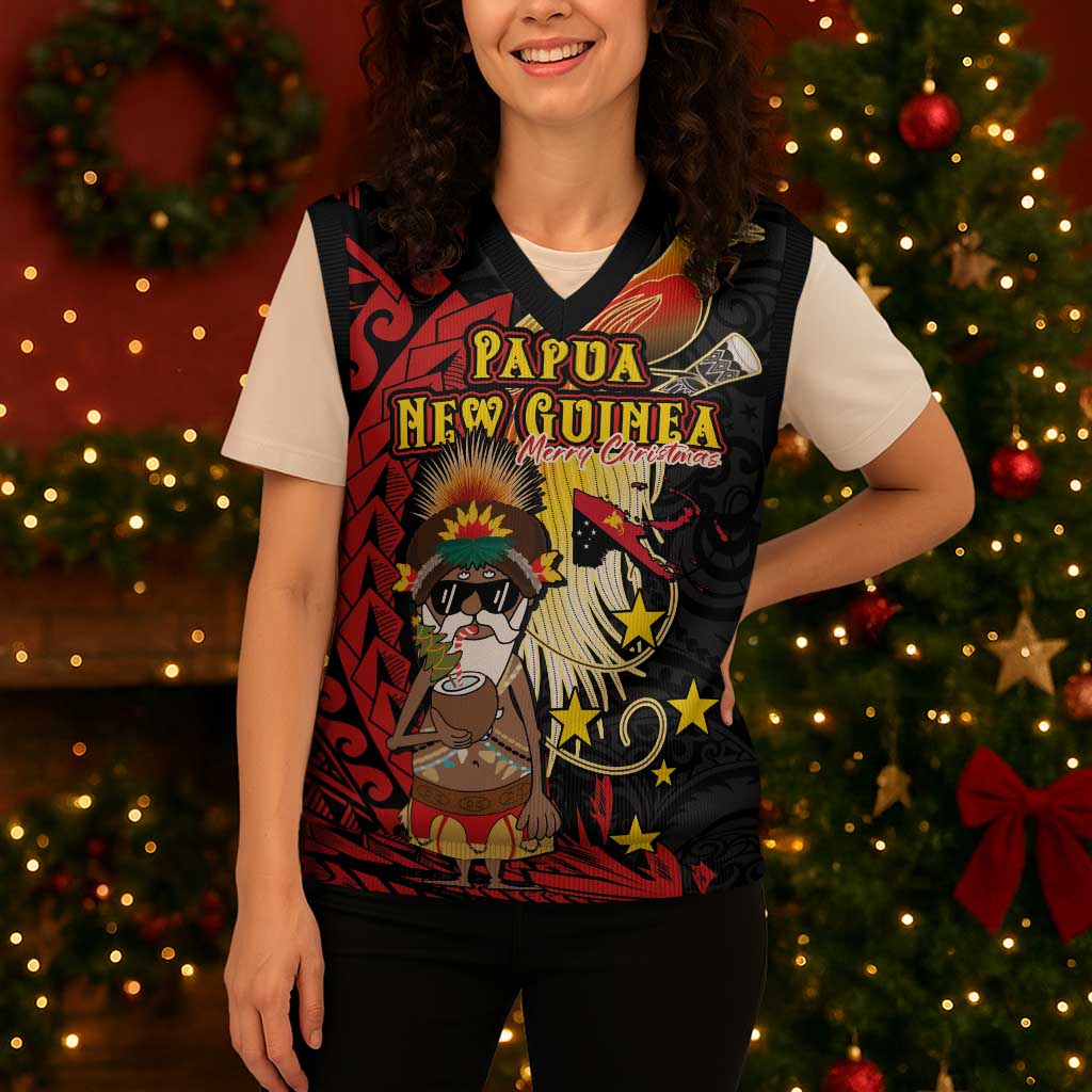 Papua New Guinea Christmas Knitted V-Neck Vest Funny Melanesian Santa with Bird-of-paradise Tribal Style LT03 - Polynesian Pride