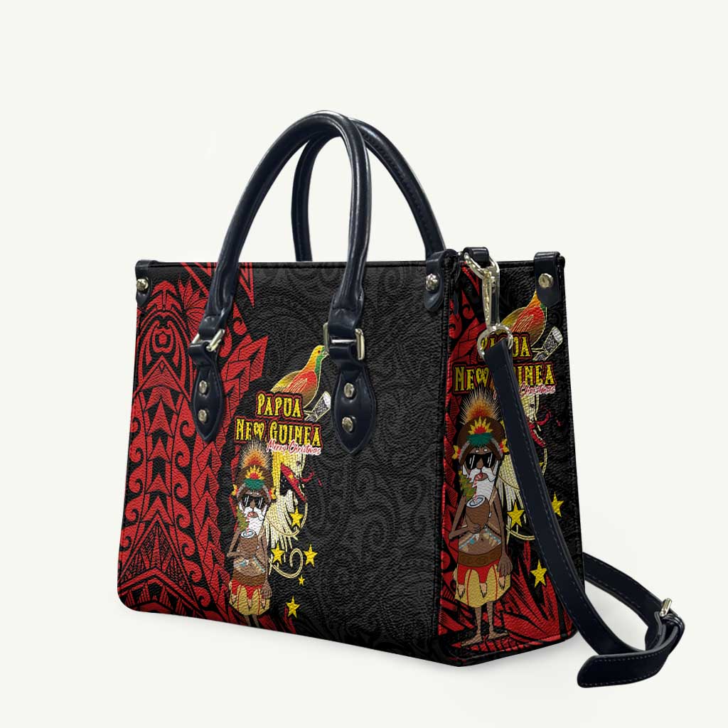 Papua New Guinea Christmas Leather Bag Funny Melanesian Santa with Bird-of-paradise Tribal Style LT03 Black - Polynesian Pride