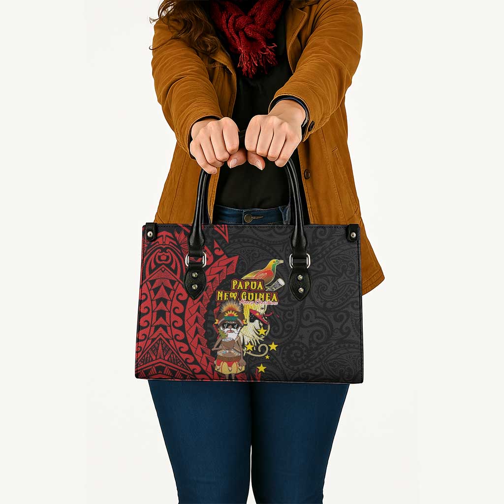 Papua New Guinea Christmas Leather Bag Funny Melanesian Santa with Bird-of-paradise Tribal Style LT03 - Polynesian Pride