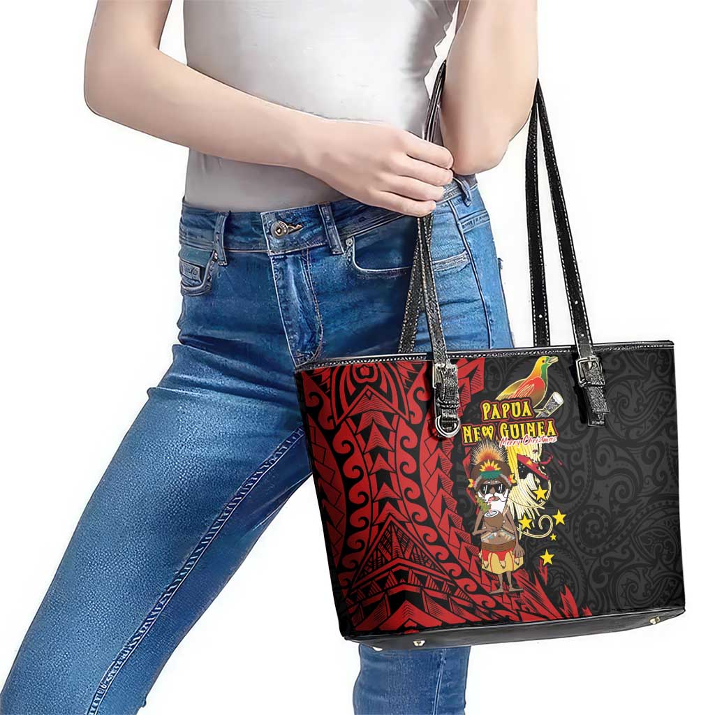 Papua New Guinea Christmas Leather Tote Bag Funny Melanesian Santa with Bird-of-paradise Tribal Style LT03 - Polynesian Pride