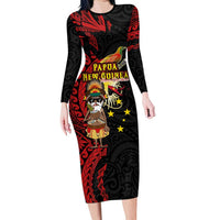 Papua New Guinea Christmas Long Sleeve Bodycon Dress Funny Melanesian Santa with Bird-of-paradise Tribal Style LT03 Long Dress Black - Polynesian Pride