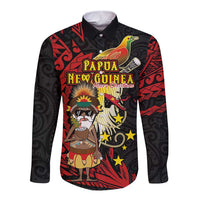 Papua New Guinea Christmas Long Sleeve Button Shirt Funny Melanesian Santa with Bird-of-paradise Tribal Style LT03 Unisex Black - Polynesian Pride