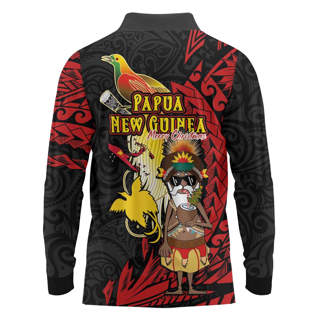 Papua New Guinea Christmas Long Sleeve Polo Shirt Funny Melanesian Santa with Bird-of-paradise Tribal Style LT03 - Polynesian Pride