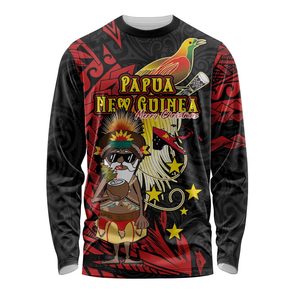 Papua New Guinea Christmas Long Sleeve Shirt Funny Melanesian Santa with Bird-of-paradise Tribal Style LT03 Unisex Black - Polynesian Pride