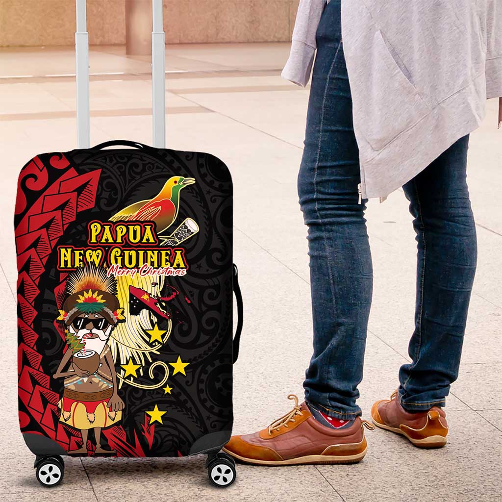 Papua New Guinea Christmas Luggage Cover Funny Melanesian Santa with Bird-of-paradise Tribal Style LT03 Black - Polynesian Pride