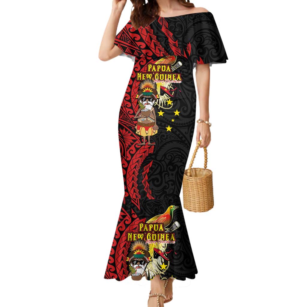 Papua New Guinea Christmas Mermaid Dress Funny Melanesian Santa with Bird-of-paradise Tribal Style LT03 Women Black - Polynesian Pride
